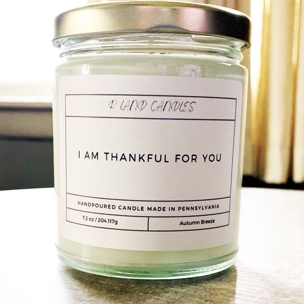 R Land Candles Autumn Breeze scented candle with “Thankful for You” label